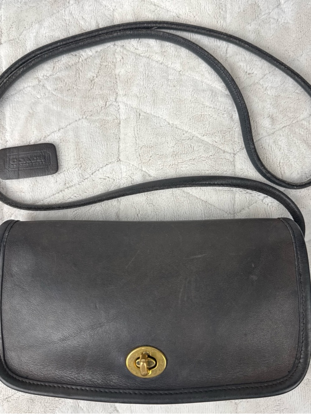 Coach Dinky Vintage Black Distressed Leather Crossbody Bag with Brass Turnlock